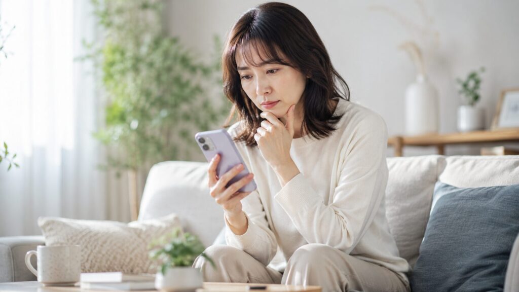考え込む女性と明るいリビング
