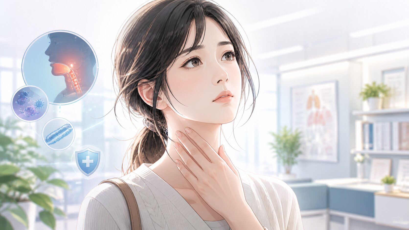 診療室で考え込む女性