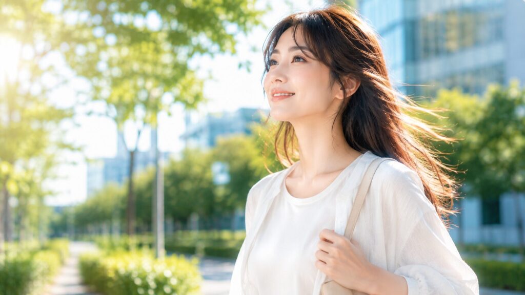 日差しの中、都会の公園で微笑む女性
