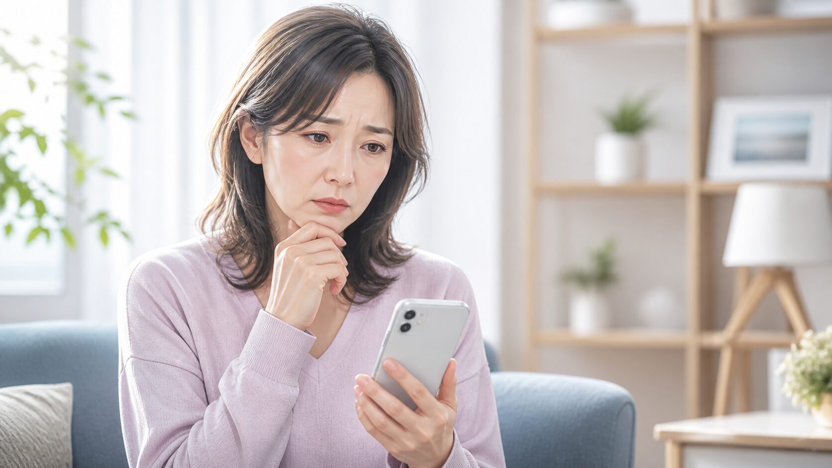 考え込む女性と温かな部屋