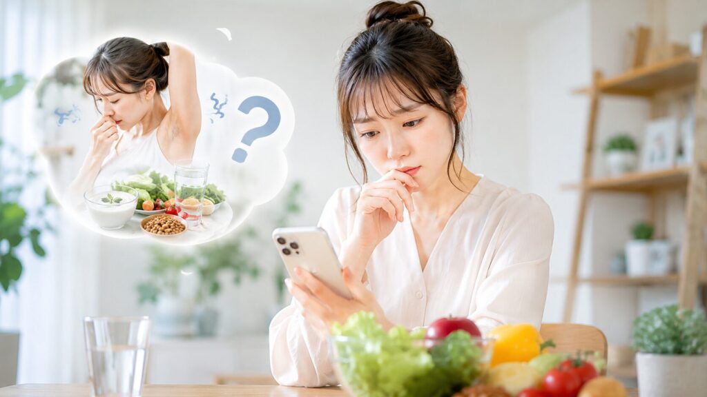 体臭と食事に悩む女性