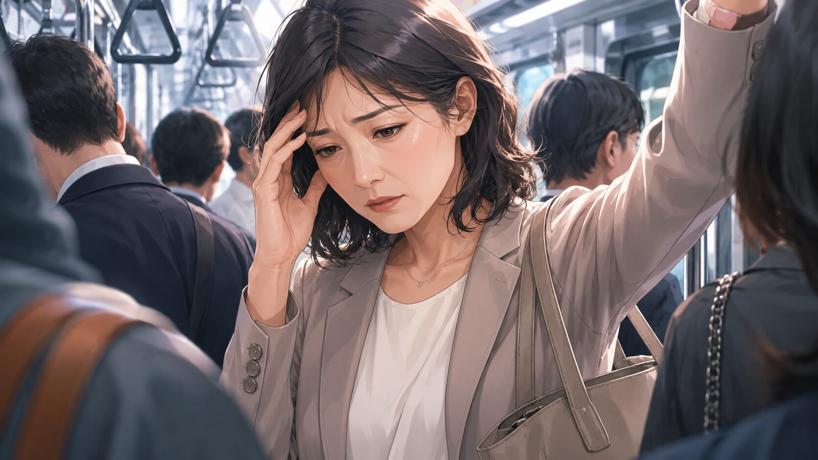 通勤ラッシュの疲れた女性