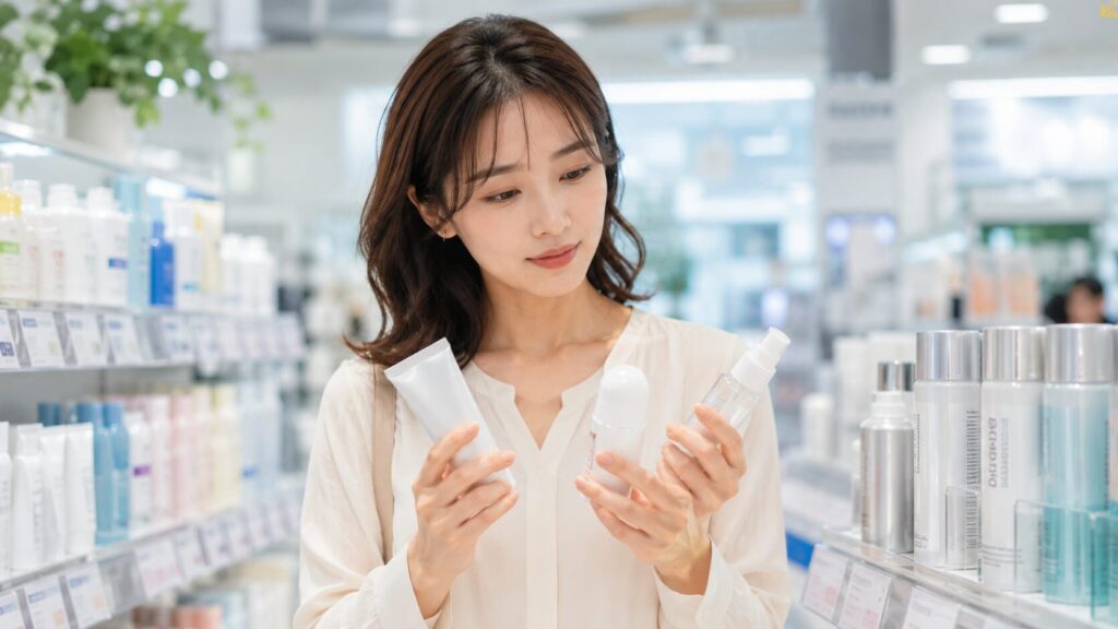 化粧品を選ぶ女性
