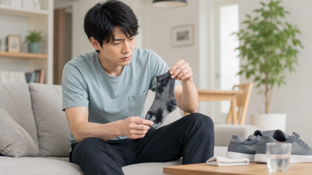 靴下を調べる男性