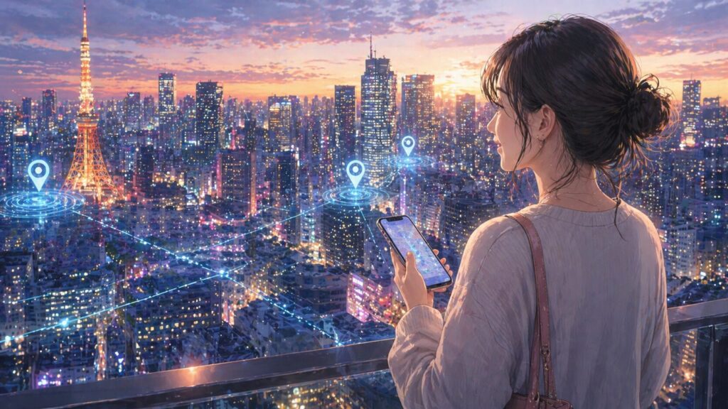 夕暮れの街の眺めと未来技術