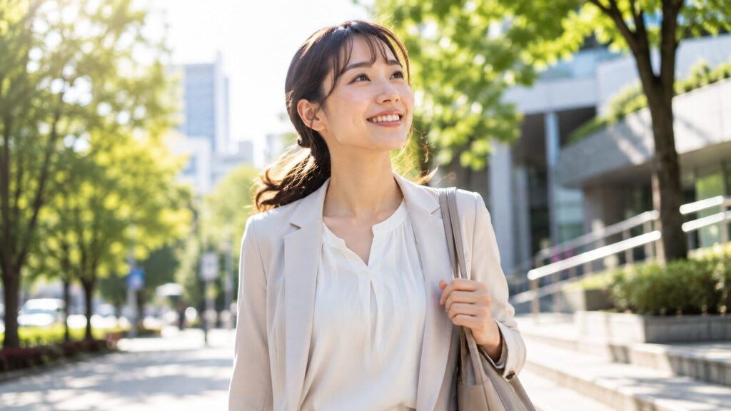 都市の公園での明るい笑顔
