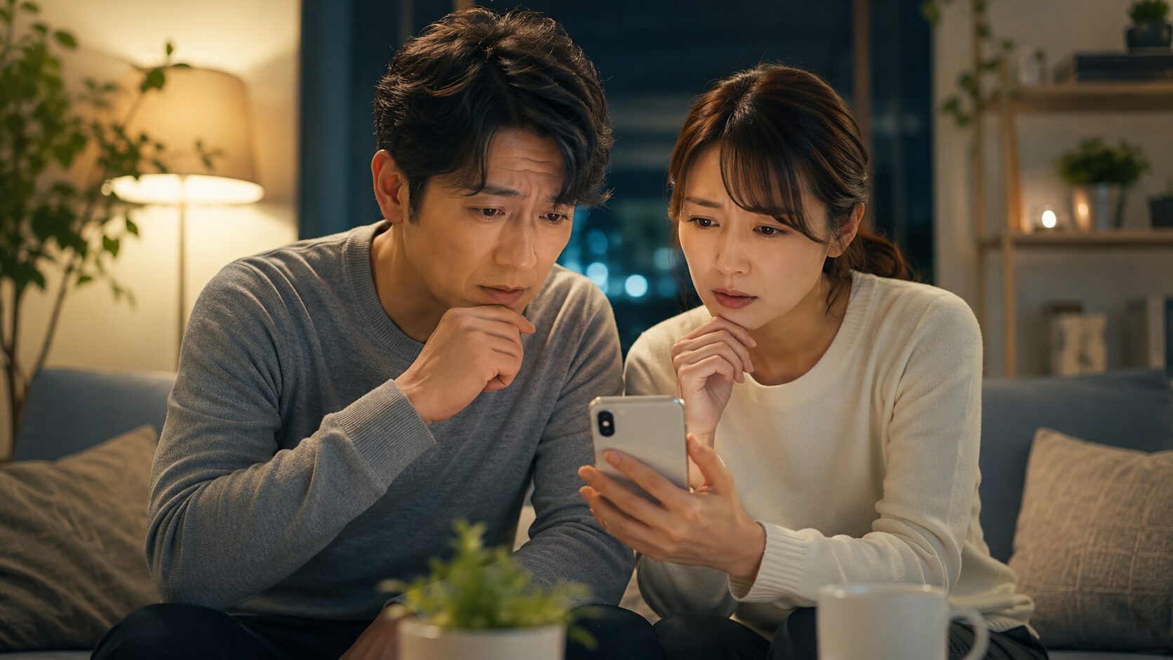 リビングでスマホを見つめる二人
