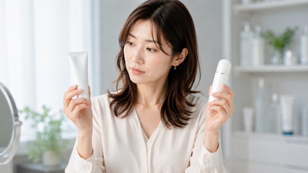 製品比較をする女性