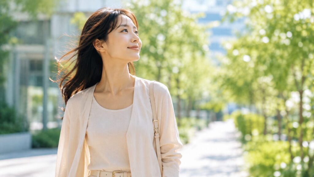 春の光の中で微笑む女性