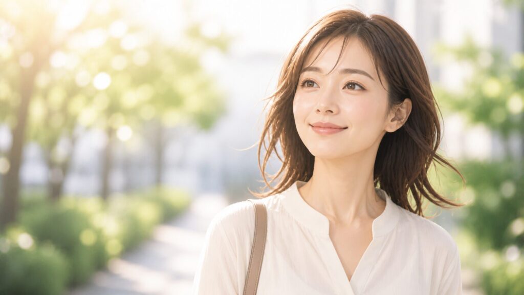優しい日差しの中で微笑む女性