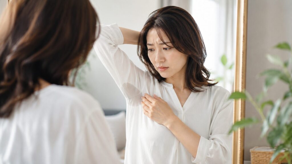 鏡の前で気にする女性