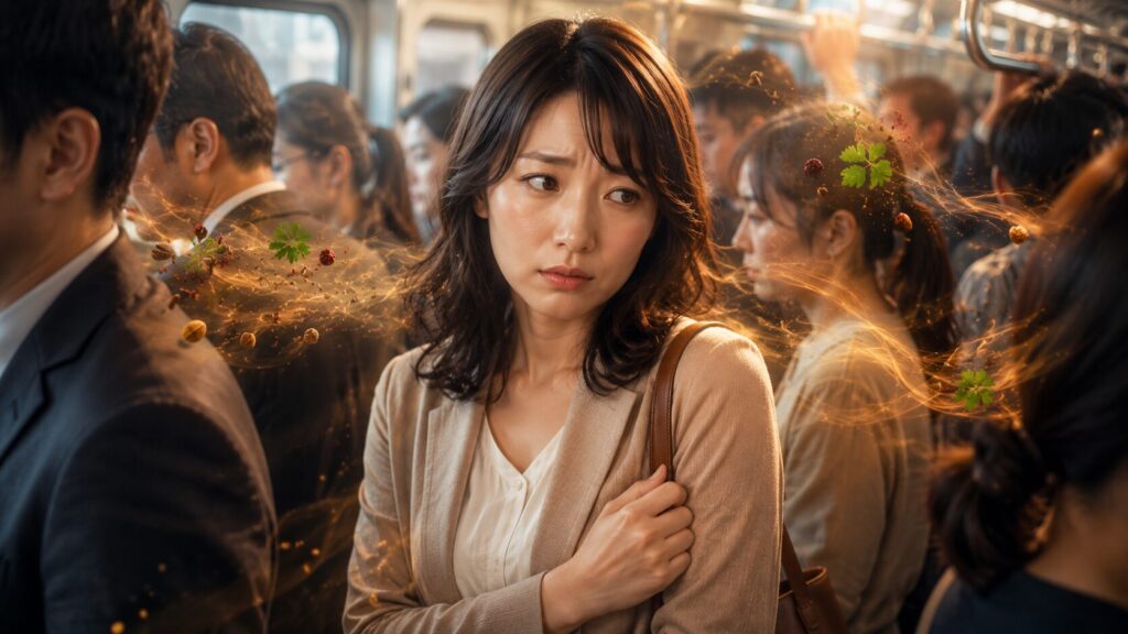 混雑した通勤電車の中で