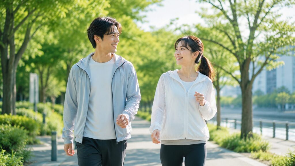 晴れた日、緑の公園で散歩