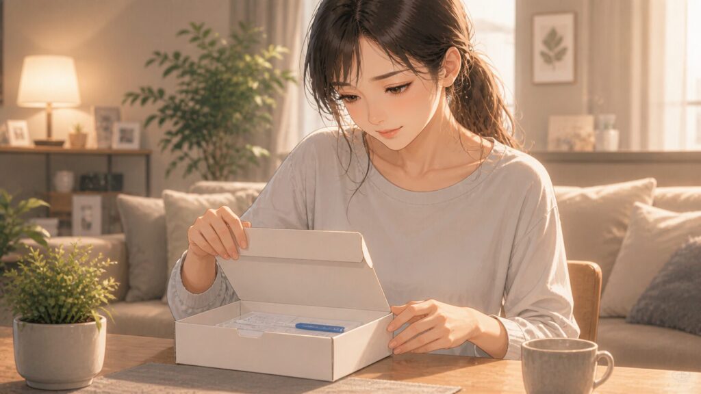 温かな部屋で箱を開ける女性