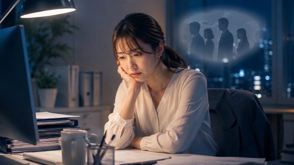 夜のオフィスで考え込む女性