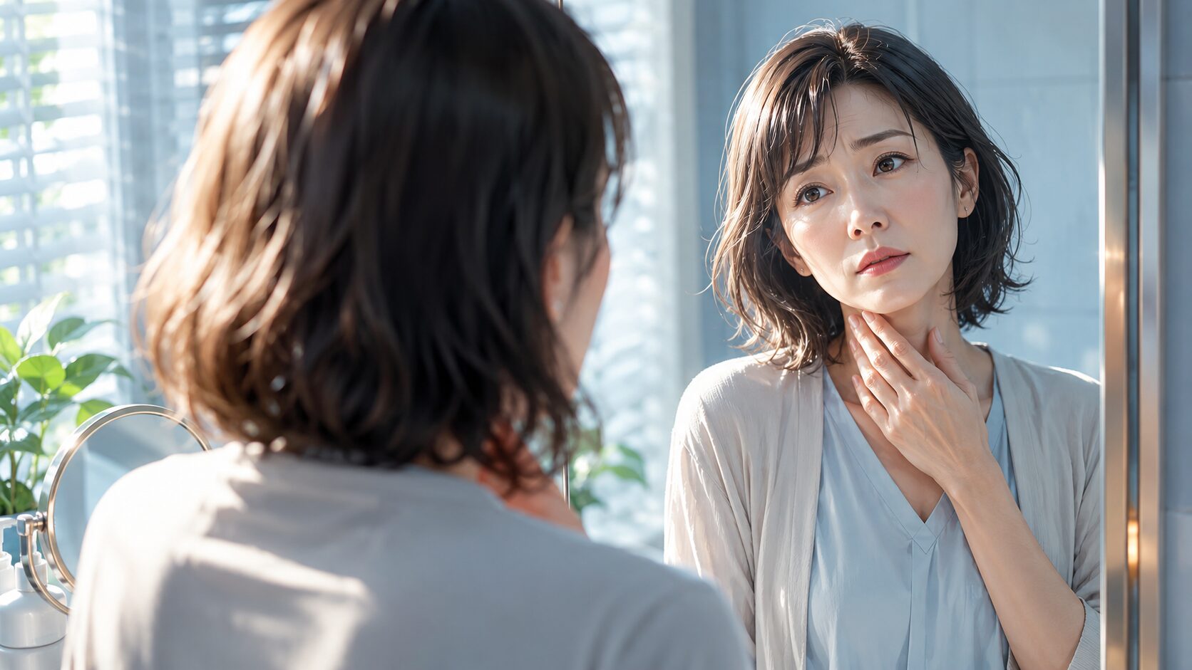 鏡の前で考え込む女性