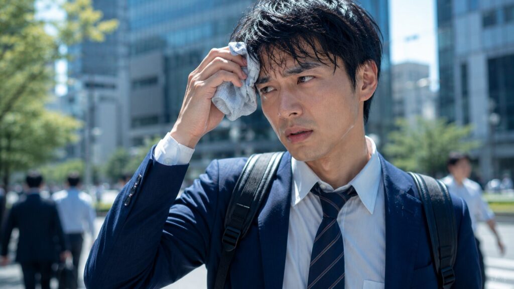 都市の中で汗をかくビジネスマン