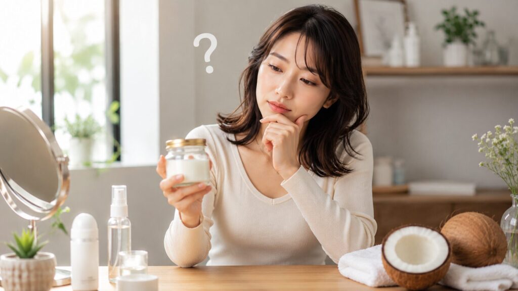 考え込む表情のスキンケアタイム