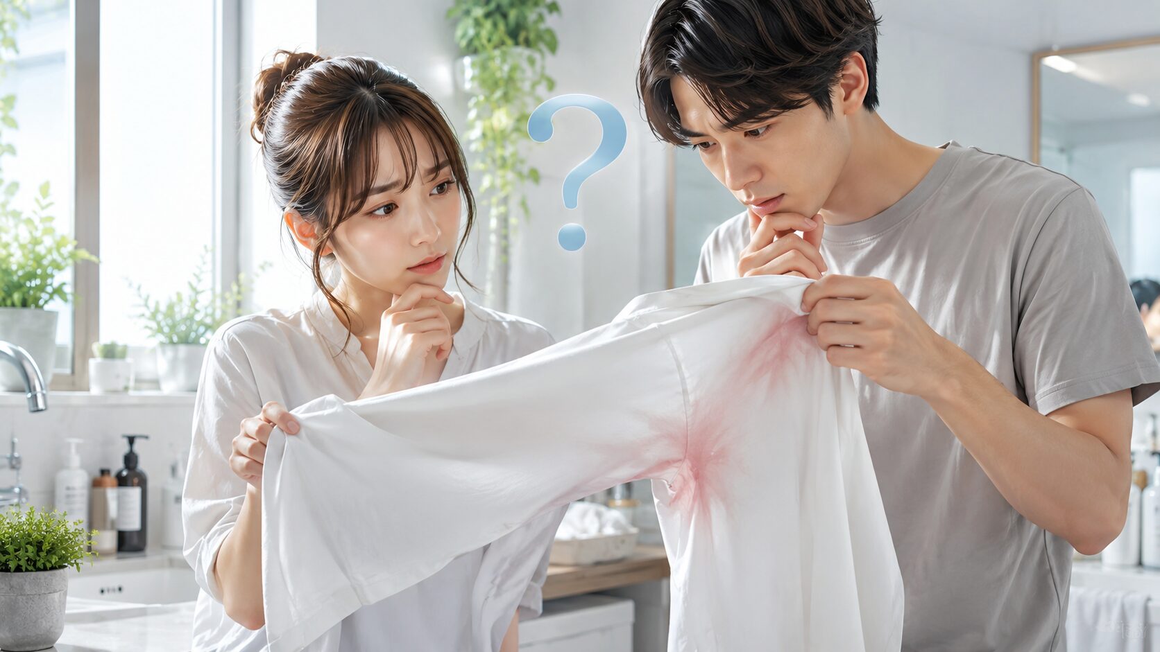 シャツのシミに困惑する二人