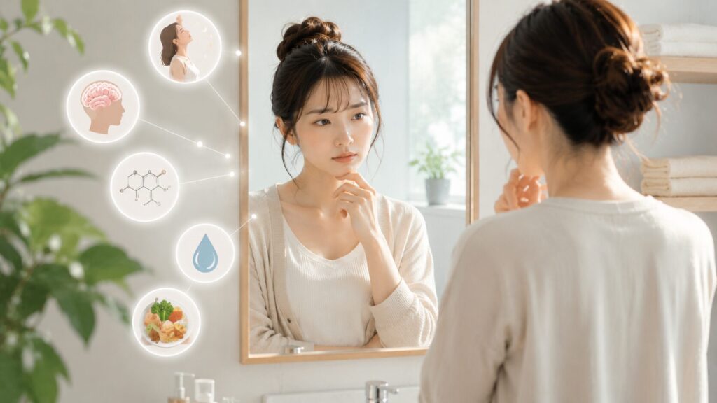 鏡の前で考える女性