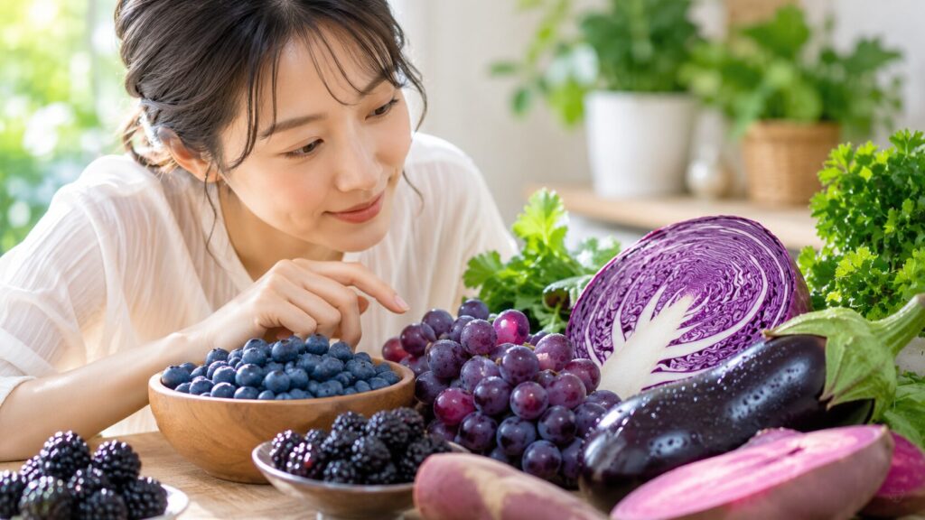 新鮮な紫の食材と自然光