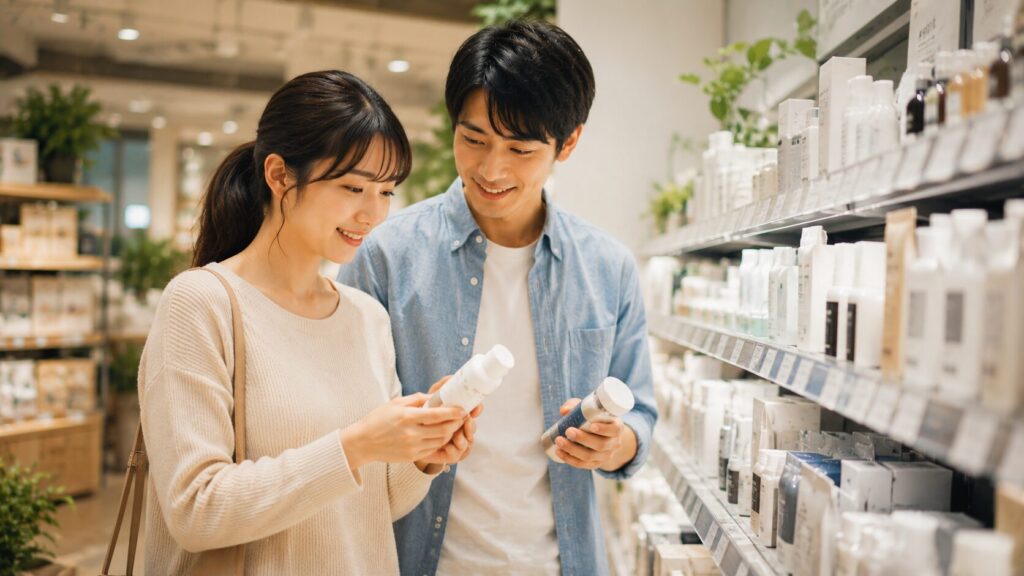 明るい店内で商品を選ぶカップル