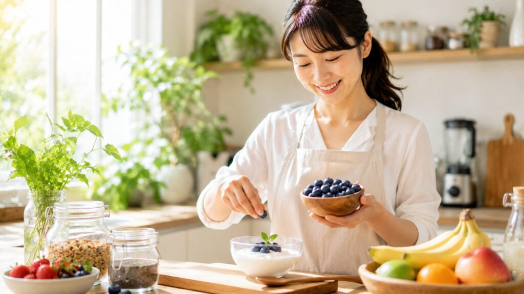 明るいキッチンでの朝食準備