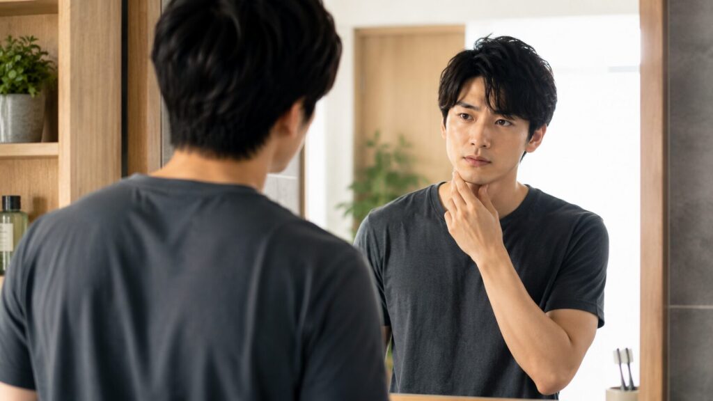 鏡の前で自分を見つめる若者