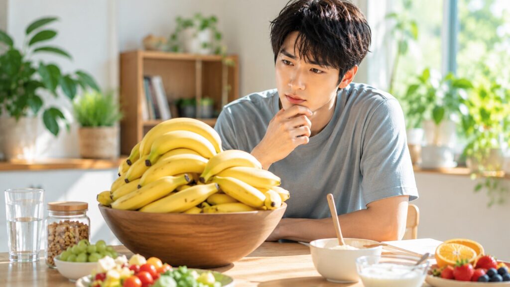 バナナを見つめる青年