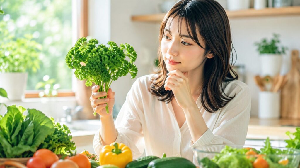 新鮮なハーブに見入る女性