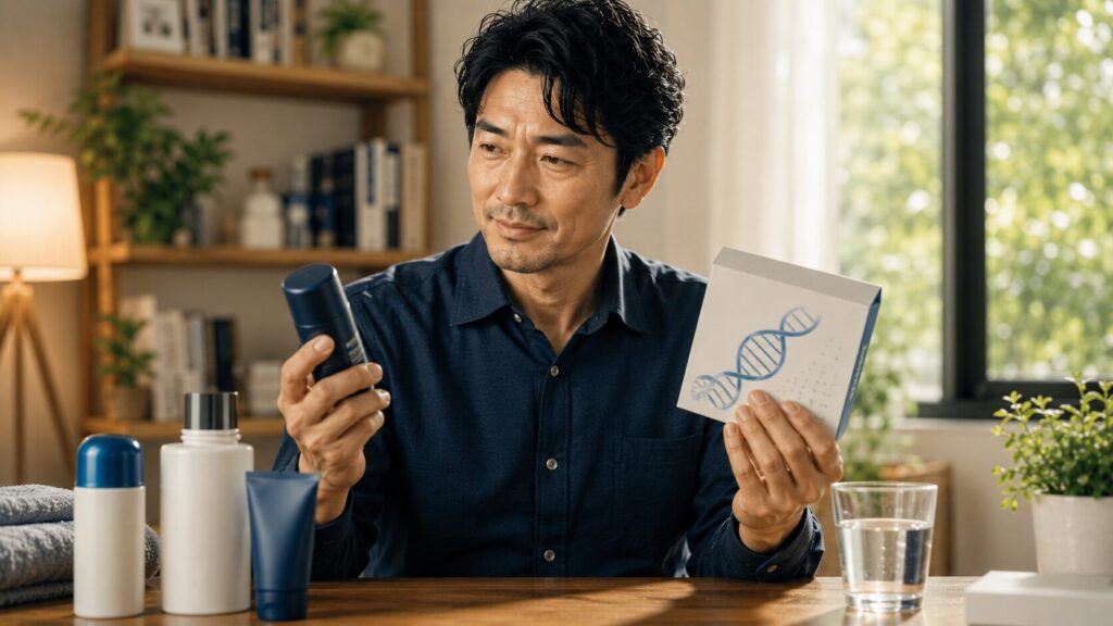 暖かな室内で製品を検討する男性