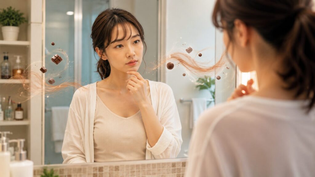 鏡の前で考える女性