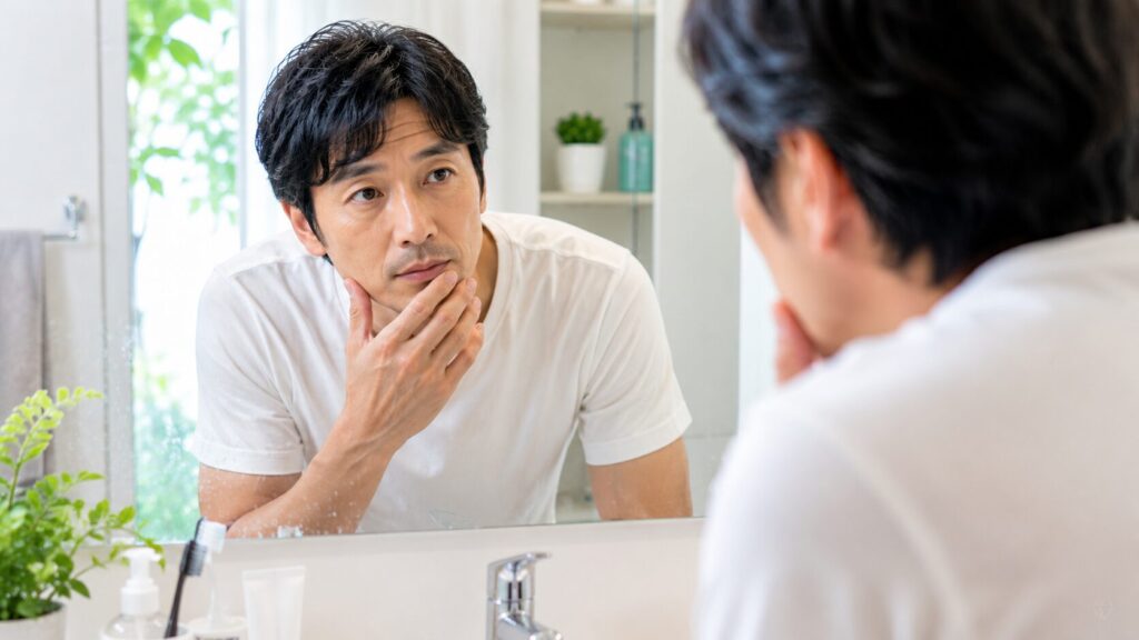 鏡の前で自分を見つめる男性