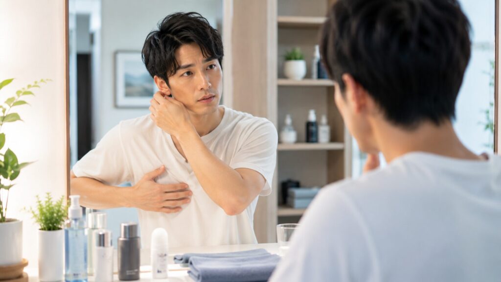 鏡の前で自分を見つめる男性