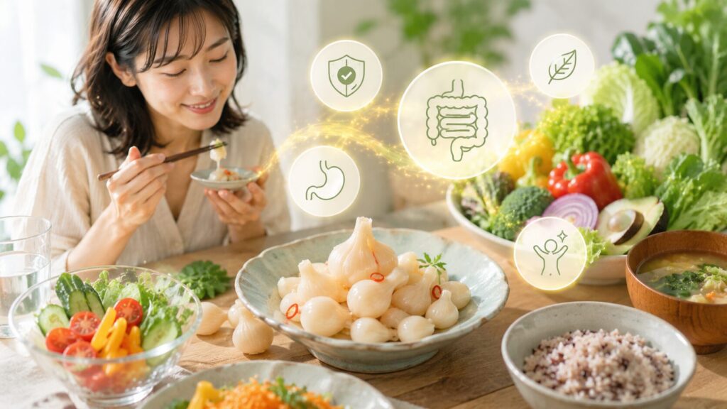健康的な食事と笑顔の女性
