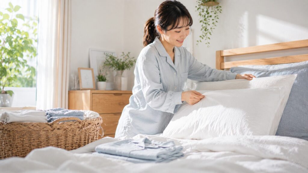 明るいベッドルームで整える女性