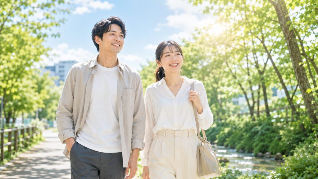 陽光の中で散歩するカップル