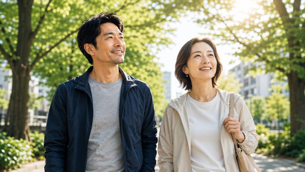 晴れた公園で散歩する二人