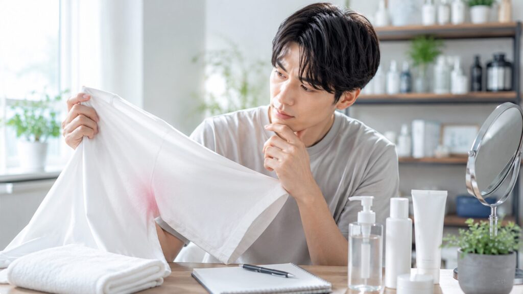 白シャツを見つめる男