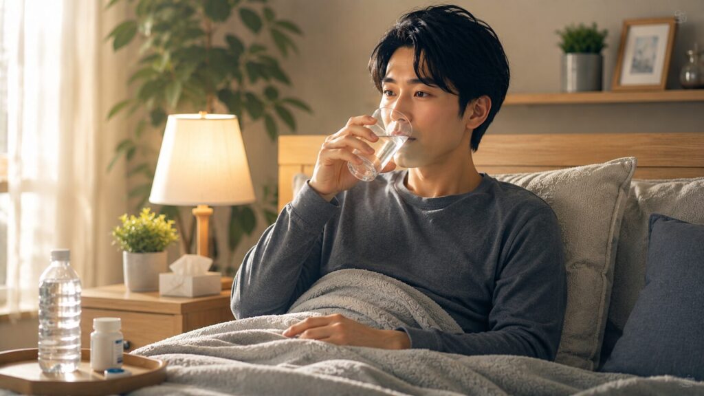 落ち着いた寝室で水を飲む青年