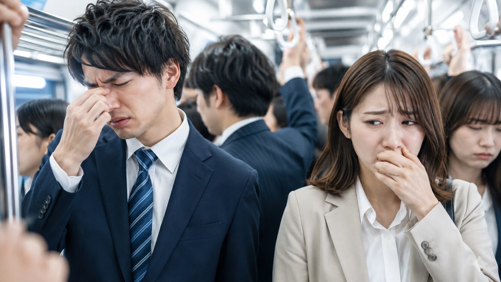 混雑した通勤電車の中で