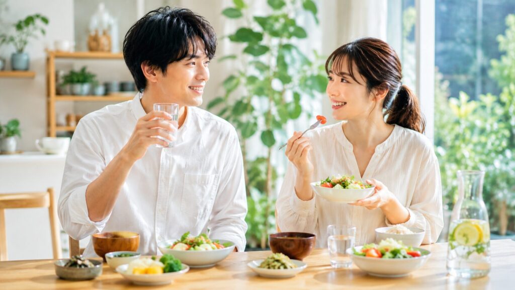 明るいダイニングでの食事タイム