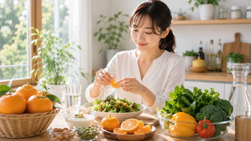 明るいキッチンでの朝食準備