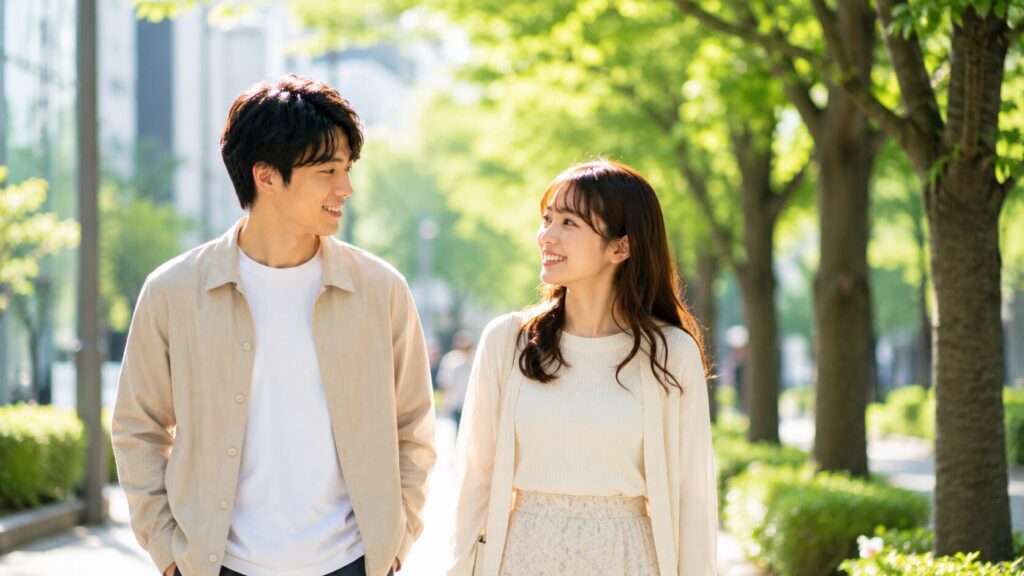 明るい道での幸せなひととき