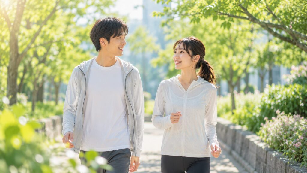 明るい公園で歩くカップル