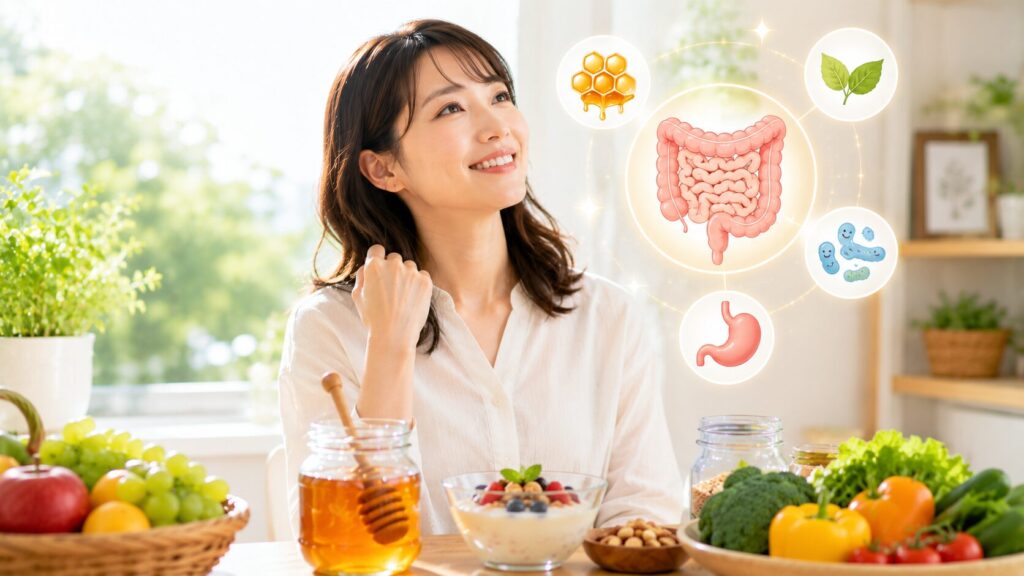 健康的な朝食と笑顔の女性