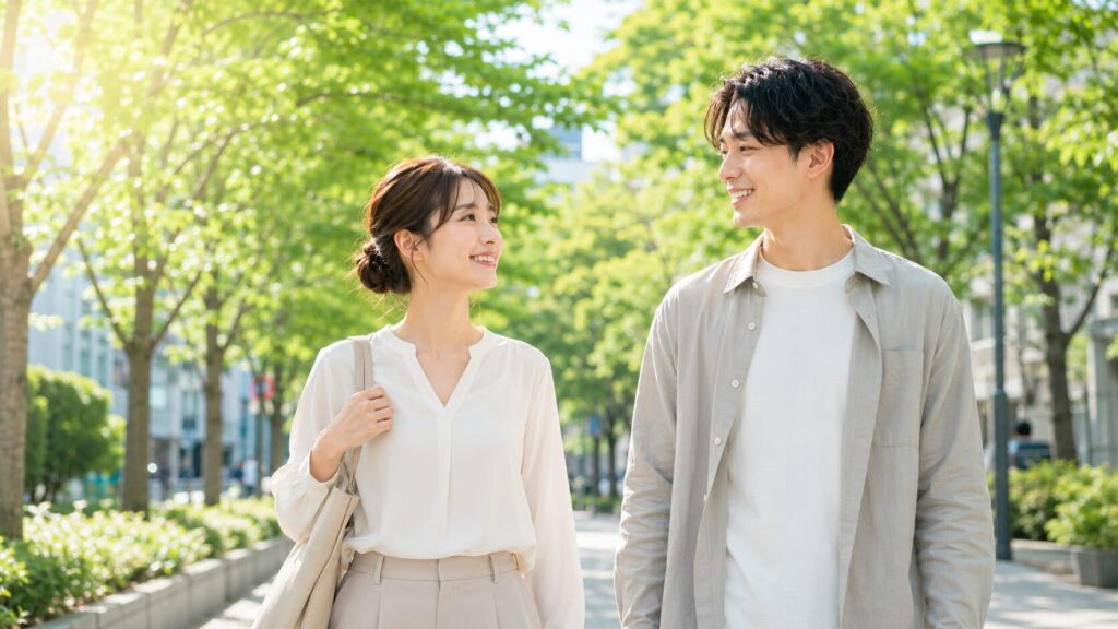 明るい公園で散歩する二人