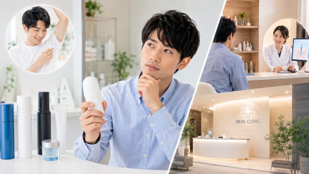 スキンケア選択肢を考える男性