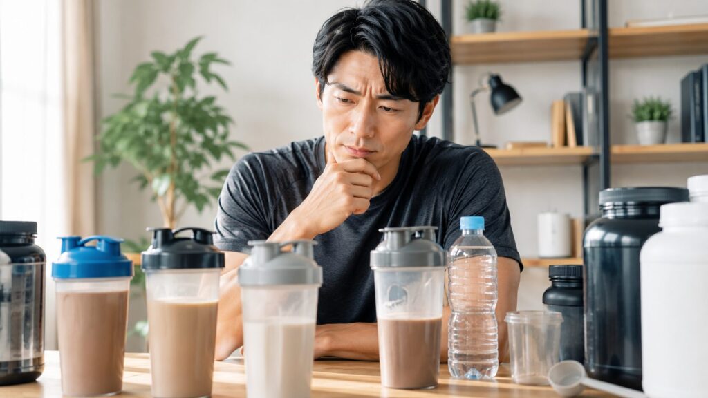 プロテインと向き合う青年