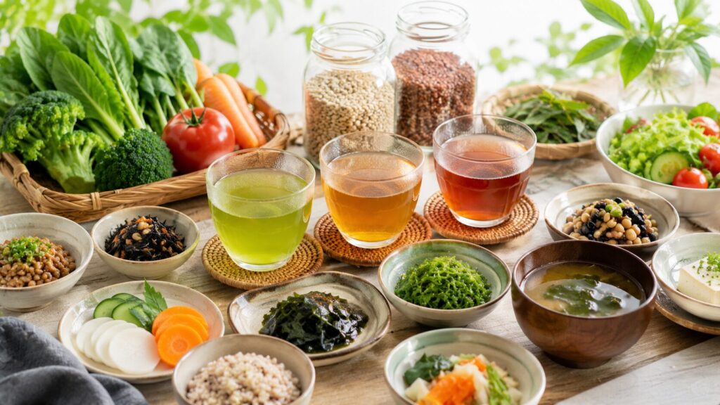 ヘルシーな日本風食事のスチルライフ